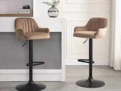Set Van 2 Barkruk Van Velours En Zwart Metaal - Verstelbare Hoogte - Beige - Eleana