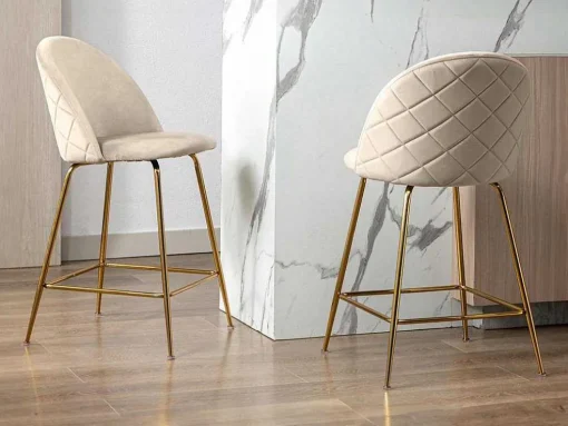 Set Van 2 Barkrukken Melbourne - Fluweel En Goudkleurig Metaal - Beige