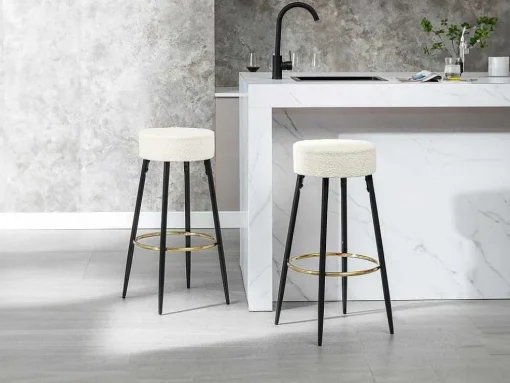 Set Van 2 Barkrukken Van Bouclestof En Zwart Staal - Wit En Goudkleurig - Belinio I