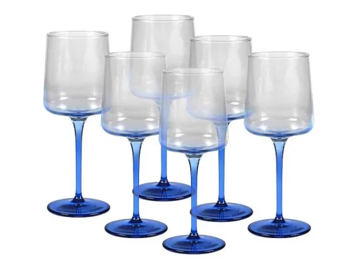 Set Van 6 Blauwe Wijnglazen Op Voet 27 Cl - D. 9.5 X H. 13 Cm - Coraly
