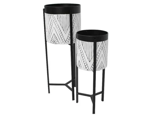 Set Van 2 Bloembakken Op Poot Van Metaal - D20 X H53 Cm En D25 X H69 Cm - Zwart En Wit - Capoli