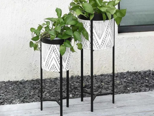 Set Van 2 Bloembakken Op Poot Van Metaal - D20 X H53 Cm En D25 X H69 Cm - Zwart En Wit - Capoli