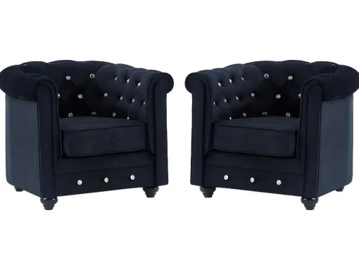Set Van 2 Fauteuils Chesterfield - Fluweel - Zwart Met Kristallen Knopen