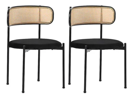 Set Van 2 Fluwelen En Rotan Stoelen - Metalen Poten - Zwart