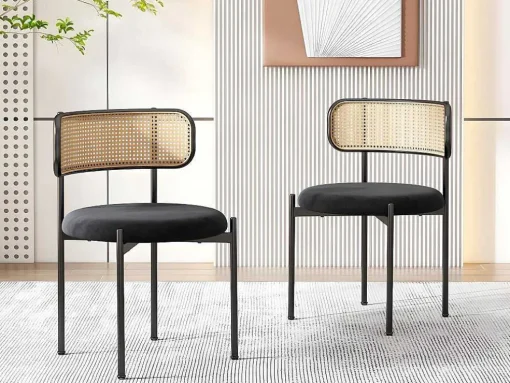 Set Van 2 Fluwelen En Rotan Stoelen - Metalen Poten - Zwart