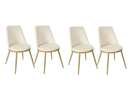 Set Van 4 Fluwelen Gestoffeerde Stoelen Met Rugleuning - Goud Metalen Structuur - Beige