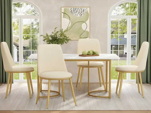 Set Van 4 Fluwelen Gestoffeerde Stoelen Met Rugleuning - Goud Metalen Structuur - Beige