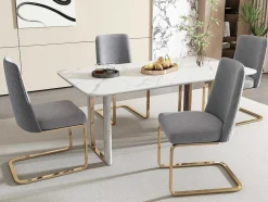 Set Van 4 Fluwelen Sledestoelen - Rugleuning Ruitpatroon - Onderstel Goudkleurig Metaal - Grijs