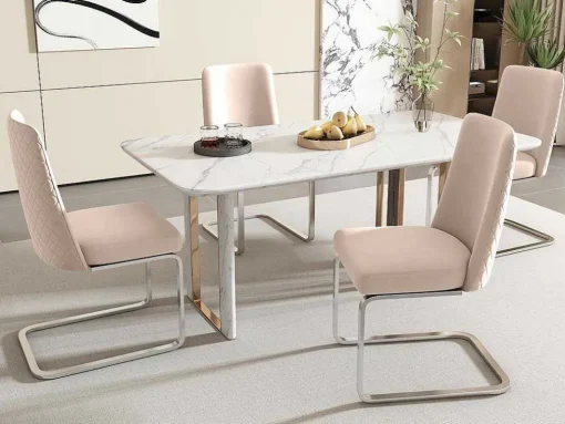 Set Van 4 Fluwelen Sledestoelen - Rugleuning Ruitpatroon - Onderstel Zilverkleurig Metaal - Beige