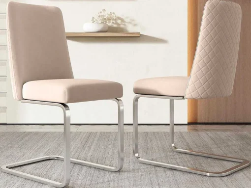 Set Van 2 Fluwelen Sledestoelen - Rugleuning Ruitpatroon - Onderstel Zilverkleurig Metaal - Beige