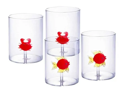 Set Van 4 Glazen Met Diertjes - Transparant En Rood Geblazen Glas - O7,5 Cm X H9,5 Cm - Apuna