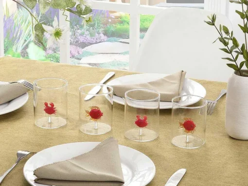 Set Van 4 Glazen Met Diertjes - Transparant En Rood Geblazen Glas - O7,5 Cm X H9,5 Cm - Apuna
