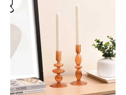 Set Van 2 Kandelaars - H21 En 18,5 Cm - Glas - Oranje - Kandie