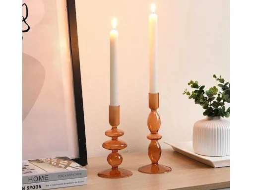Set Van 2 Kandelaars - H21 En 18,5 Cm - Glas - Oranje - Kandie