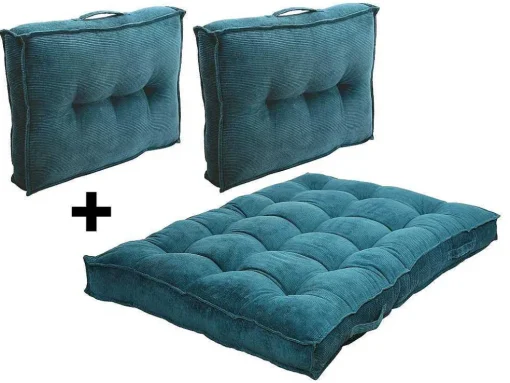 Set Van 1 Matras + 2 Palletkussens Van Ribfluweel - Blauw - Baila