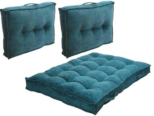 Set Van 1 Matras + 2 Palletkussens Van Ribfluweel - Blauw - Baila