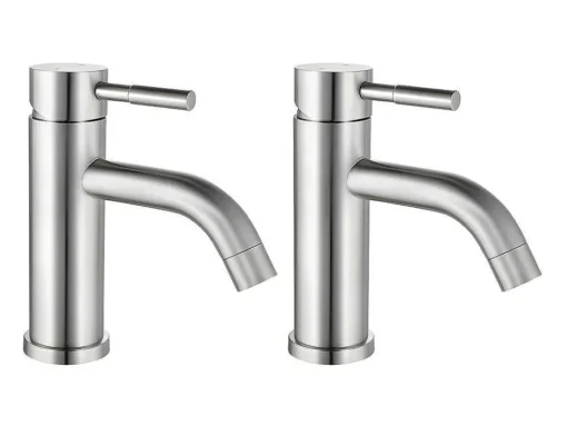 Set Van 2 Mechanische Mengkranen Met Ronde Vorm Van Roestvrij Staal - Geborsteld Nikkelkleurig - H17 Cm - Salavan