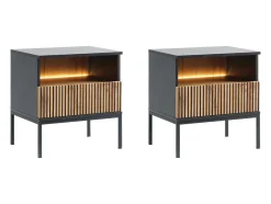 Set Van 2 Nachtkastje 1 Lade En 1 Nis - Met Ledverlichting - Zwart En Naturel - Ovila