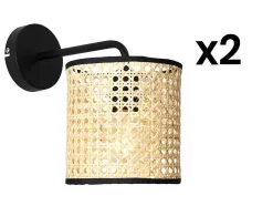 Set Van 2 Rieten Wandlampen In Etnische Stijl Neirobi - Ijzer En Rotan - H. 25 Cm - Zwart En Naturel