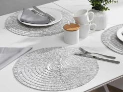 Set Van 6 Ronde Placemats Van Gevlochten Papier - Grijs En Wit - Fylat