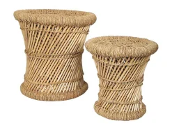 Set Van 2 Ronde Poefs Van Licht Naturelkleurig Rotan Mirtaka