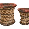 Set Van 2 Ronde Poefs Van Licht Naturelkleurig En Rood Rotan Mirtaka