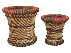 Set Van 2 Ronde Poefs Van Licht Naturelkleurig En Rood Rotan Mirtaka