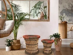 Set Van 2 Ronde Poefs Van Licht Naturelkleurig En Rood Rotan Mirtaka