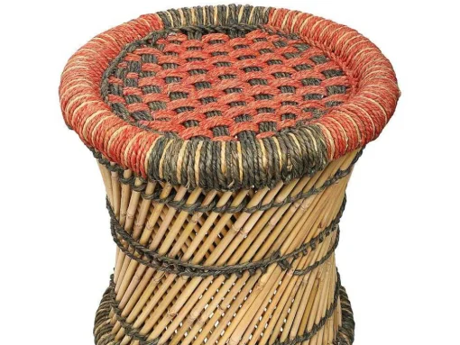 Set Van 2 Ronde Poefs Van Licht Naturelkleurig En Rood Rotan Mirtaka
