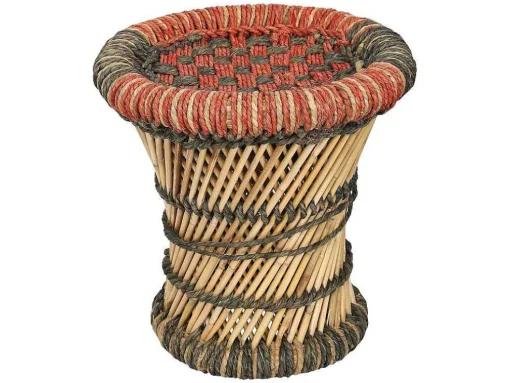 Set Van 2 Ronde Poefs Van Licht Naturelkleurig En Rood Rotan Mirtaka