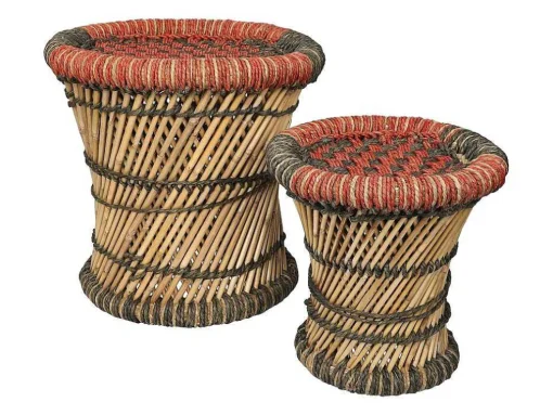 Set Van 2 Ronde Poefs Van Licht Naturelkleurig En Rood Rotan Mirtaka