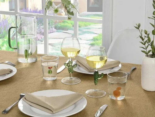 Set Van 4 Wijnglazen Met Cactusvoet - Transparant En Groen - O8,5 X H19,5 Cm - Gellif