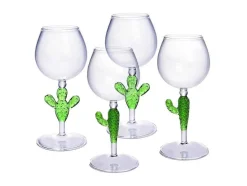 Set Van 4 Wijnglazen Met Cactusvoet - Transparant En Groen - O8,5 X H19,5 Cm - Gellif