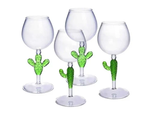 Set Van 4 Wijnglazen Met Cactusvoet - Transparant En Groen - O8,5 X H19,5 Cm - Gellif