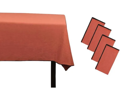 Set Van Tafellaken + 4 Servetten Van Linnen En Katoen - Zwarte Rand - Terracotta - 170 X 170 Cm - Borina
