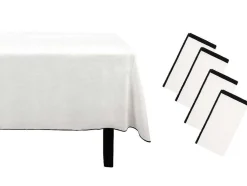 Set Van Tafellaken + 4 Servetten Van Linnen En Katoen - Zwarte Rand - Wit - 170 X 300 Cm - Borina