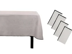 Set Van Tafellaken + 4 Servetten Van Linnen En Katoen - Zwarte Rand - Taupegrijs - 170 X 250 Cm - Borina