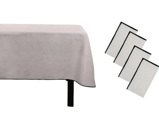 Set Van Tafellaken + 4 Servetten Van Linnen En Katoen - Zwarte Rand - Taupegrijs - 170 X 250 Cm - Borina