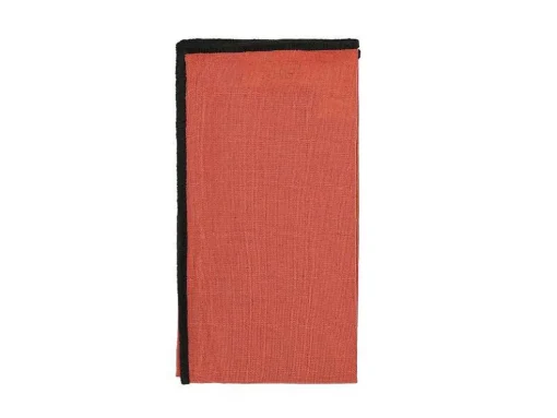 Set Van Tafellaken + 4 Servetten Van Linnen En Katoen - Zwarte Rand - Terracotta - 170 X 170 Cm - Borina