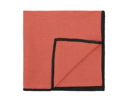 Set Van Tafellaken + 4 Servetten Van Linnen En Katoen - Zwarte Rand - Terracotta - 170 X 170 Cm - Borina