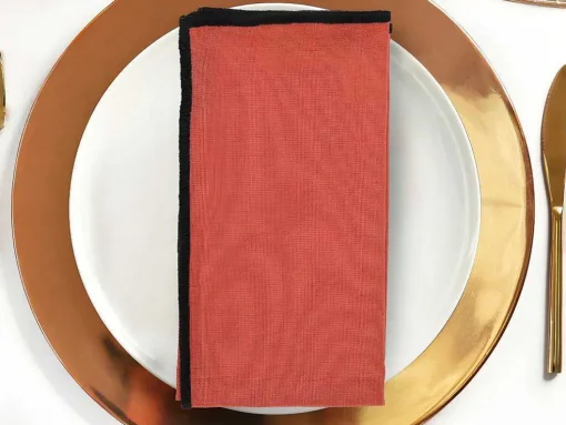 Set Van Tafellaken + 4 Servetten Van Linnen En Katoen - Zwarte Rand - Terracotta - 170 X 170 Cm - Borina