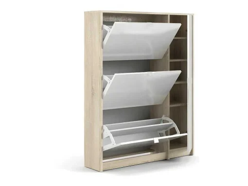 Shane Schoenenkast 3 Klapdeuren 2R, 1 Deur Eikenstructuur Decor, Wit Hoogglans.