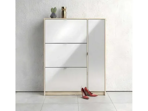Shane Schoenenkast 3 Klapdeuren 2R, 1 Deur Eikenstructuur Decor, Wit Hoogglans.