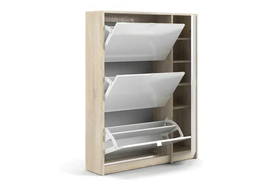 Shane Schoenenkast 3 Klapdeuren 2R, 1 Deur Eikenstructuur Decor, Wit Hoogglans.