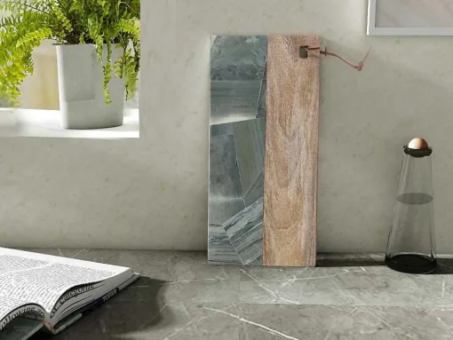 Snijplank Van 2 Materialen - Steen En Mangohout - L38 X D18 - Groen En Naturel - Utena