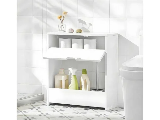 Sobuy Bzr48-W Toiletrolhouder, Badkamer Toiletkast, Badkamermeubels, Houten Vloer Staande Badkamerkast