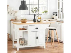 Sobuy Centraal Keukeneiland Met Uitschuifbaar Werkblad Van Rubberhout, 2 Deuren, 2 Lades En Opbergruimte, Opbergkast, Keukenkast, 110/145 X 60 X 95 Cm, Knl06-Wn