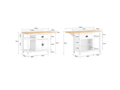Sobuy Centraal Keukeneiland Met Uitschuifbaar Werkblad Van Rubberhout, 2 Deuren, 2 Lades En Opbergruimte, Opbergkast, Keukenkast, 110/145 X 60 X 95 Cm, Knl06-Wn