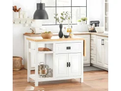 Sobuy Centraal Keukeneiland Met Uitschuifbaar Werkblad Van Rubberhout, 2 Deuren, 2 Lades En Opbergruimte, Opbergkast, Keukenkast, 110/145 X 60 X 95 Cm, Knl06-Wn