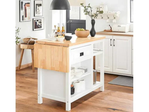 Sobuy Centraal Keukeneiland Met Uitschuifbaar Werkblad Van Rubberhout, 2 Deuren, 2 Lades En Opbergruimte, Opbergkast, Keukenkast, 110/145 X 60 X 95 Cm, Knl06-Wn